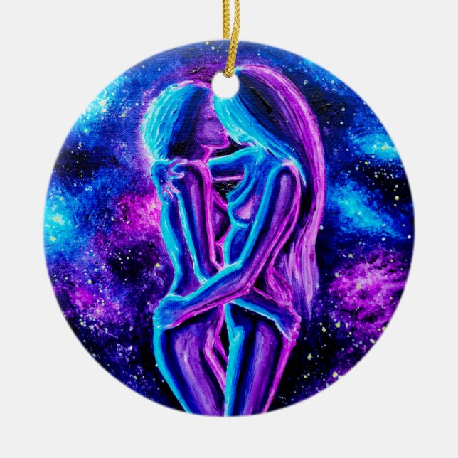 Lesbian kiss in blue and purple   ceramic tree decoration (Front)