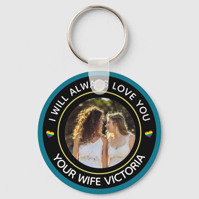 Lesbian LGBTQ Photo Wedding Couple Rainbow Custom  Key Ring (Front)