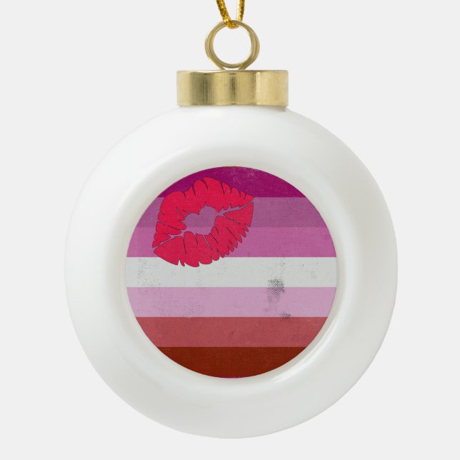 Lesbian (Lipstick) Flag Ceramic Ball Christmas Ornament (Front)