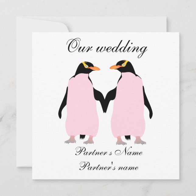 Lesbian, Pastel penguins wedding invitation (Front)