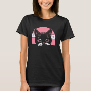 Lesbian Peeking Cat Cute Pride Flag Retro Art T-Shirt