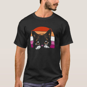 Lesbian Pride Peeking Cat Retro Sunset Aesthetic T-Shirt