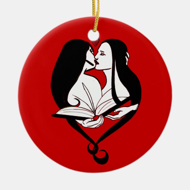Lesbian Romance Red & White Ceramic Tree Decoration (Front)