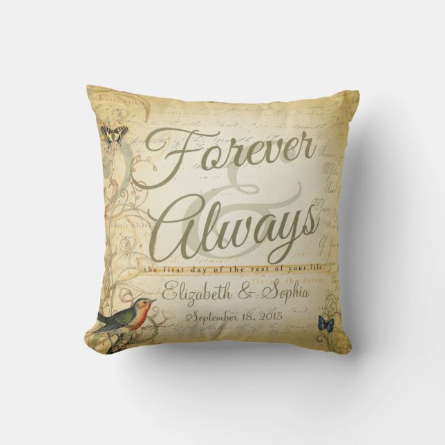 Lesbian Wedding Forever and Always Bird Butterfly Cushion (Front)
