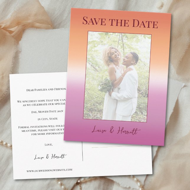 Lesbian Wedding Photo Pride Flag Save the Date Postcard (Creator Uploaded)
