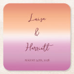 Lesbian Wedding Pride Flag Gradient Party Square Paper Coaster<br><div class="desc">Lesbian wedding paper coasters for two brides featuring the lesbian pride flag gradient—soft pink blending to warm orange. These elegant coasters display your names and wedding date in beautiful script on the gradient background. Perfect for cocktail hour or the reception bar, these personalized coasters add a beautiful touch of color...</div>