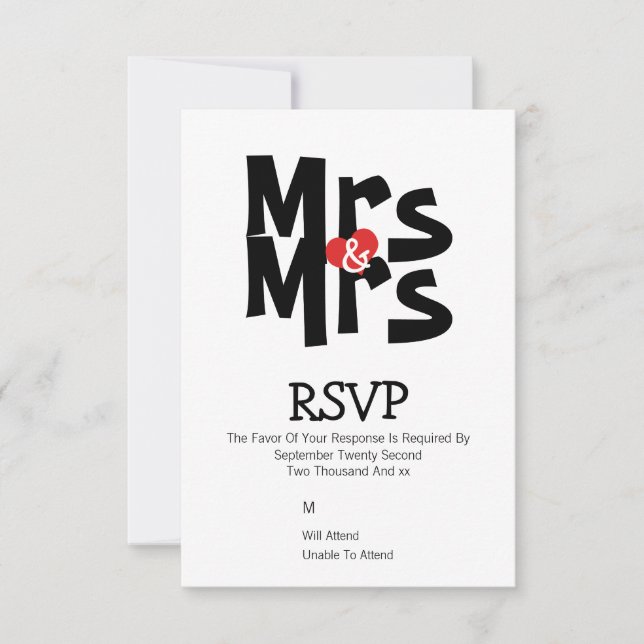 Lesbian Wedding RSVP Bold Mrs and Mrs Personalised Card (Front)