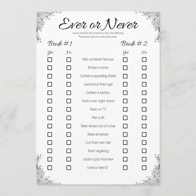 Lesbian Wedding Shower Game, Ever or Never Invitation (Front)