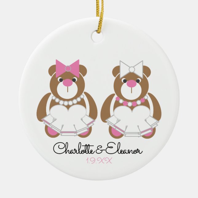 Lesbian Wedding Teddy Bear Brides Ceramic Tree Decoration (Front)