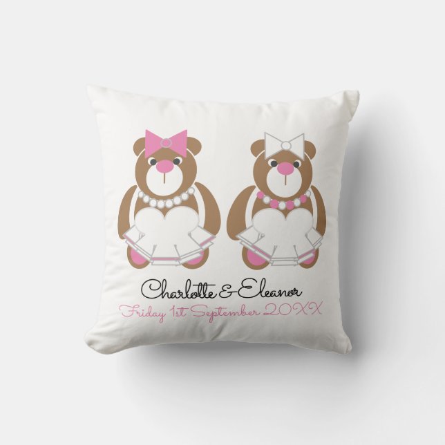 Lesbian Wedding Teddy Bear Brides gift  Cushion (Front)