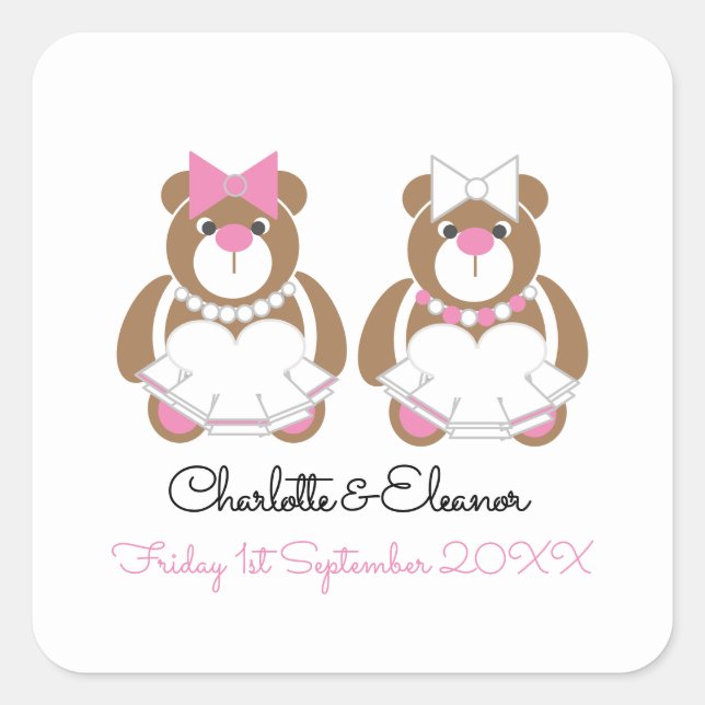 Lesbian Wedding Teddy Bear Brides gift or favor M Square Sticker (Front)