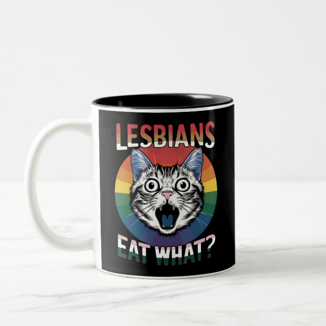 Lesbians Eat What Cat Humour LGBTQ Pride Flag  Two-Tone Coffee Mug (Left)