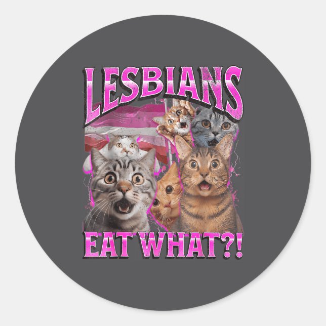 Lesbians Eat What_! Funny Cat Gay Pride Lgbtq Pun  Classic Round Sticker (Front)