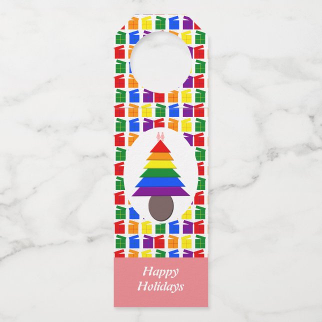 Lesbians Rainbow Christmas Tree and Presents Bottle Tag (Front)