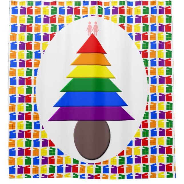 Lesbians Rainbow Christmas Tree and Presents Shower Curtain (Front)