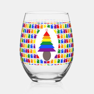 Lesbians Rainbow Christmas Tree and Presents Stemless Wine Glass