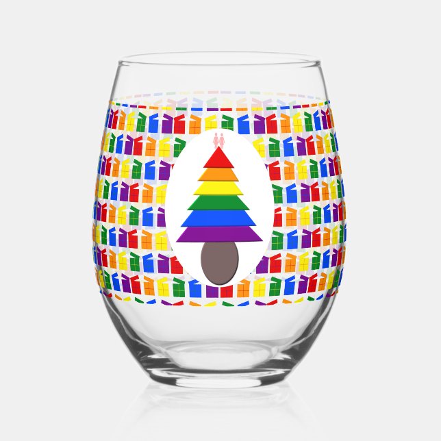 Lesbians Rainbow Christmas Tree and Presents Stemless Wine Glass (Front)