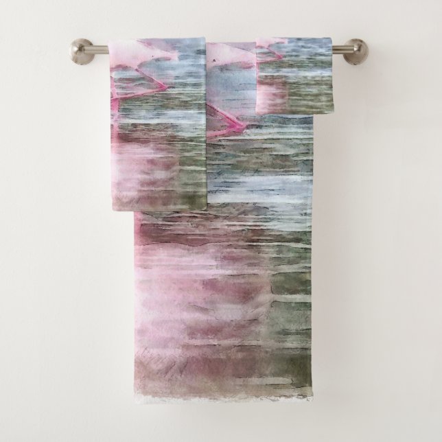 Lesser Flamingo Watercolor Bath Towel Set (Insitu)