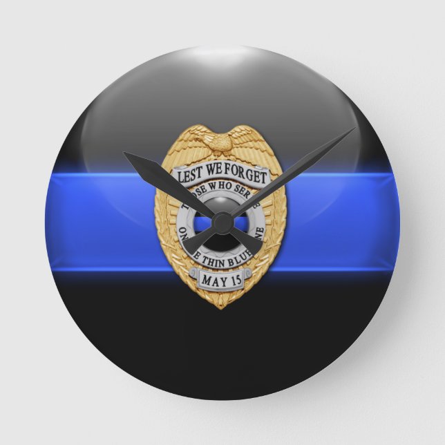 Lest We Forget - Thin Blue Line Badge Round Clock (Front)