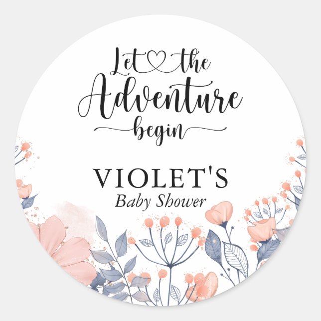 Let Adventure Begin Pink Blue Violet Baby Shower Classic Round Sticker (Front)