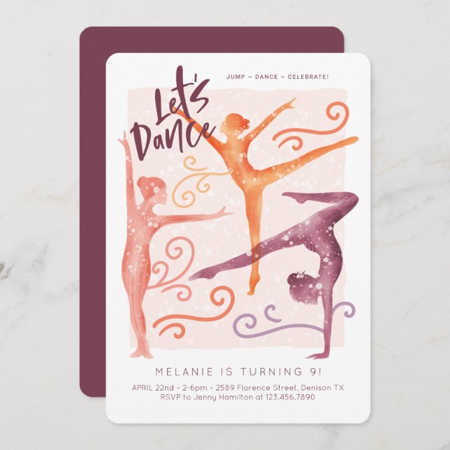 Let Dance, Fun whimsical Gymnastic Dance Birthday Invitation (Front/Back)