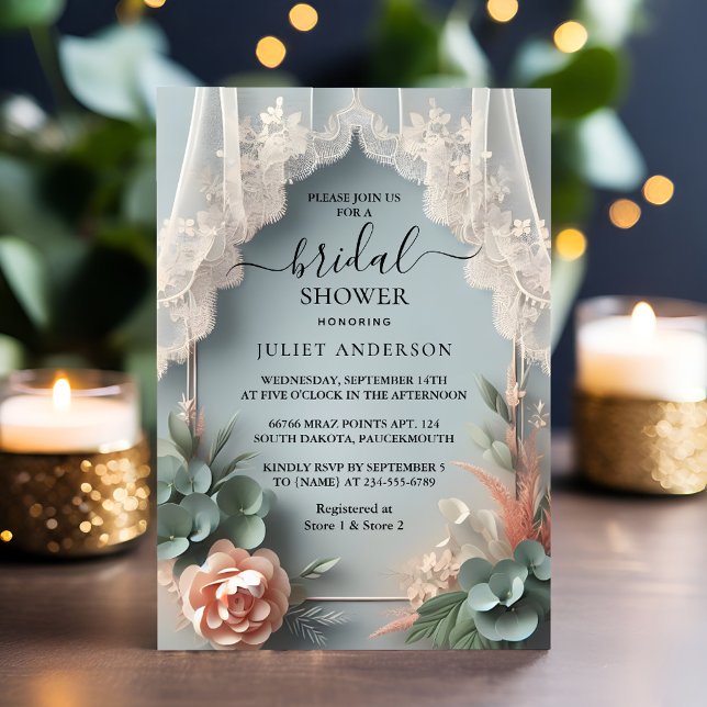 Let Eucalyptus Lace Tulle Dusty Blue Bridal Shower Invitation (Creator Uploaded)
