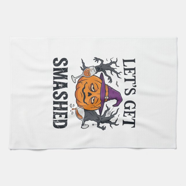 Let Get Smashed Halloween Pumpkin Witch Hat Wine G Tea Towel (Horizontal)