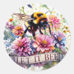 Let It Bee – Watercolor Bumblebee Spring Floral Classic Round Sticker