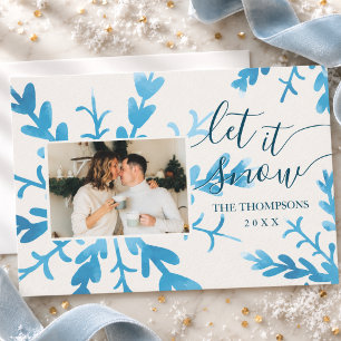 Let It Snow Blue Botanical Christmas Photo Holiday Card
