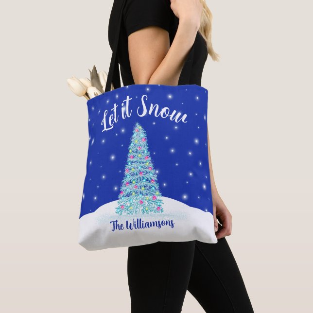 Let it Snow Blue Christmas Tree Holiday Tote Bag (Close Up)