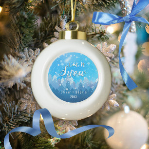 Let it Snow Blue Crystal  Ceramic Ball Christmas Ornament
