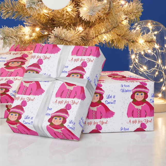 Let it Snow Blue-Eyed Girl Pink Pom-Pom Hat Wrapping Paper (Holidays)