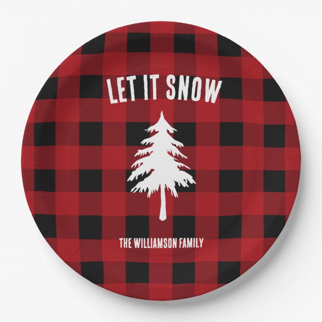 Let It Snow Buffalo Plaid Holiday Paper Plate (Front)