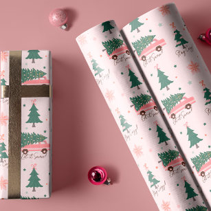 Let It Snow Christmas Tree Pink Vintage Retro Van Wrapping Paper