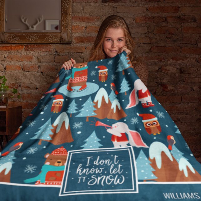 Let it Snow Cute Animal Pattern with Name Blue Fleece Blanket (Creator Uploaded)