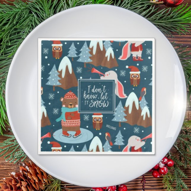 Let it Snow Cute Animal with Name Blue Christmas Napkin (Creator Uploaded)