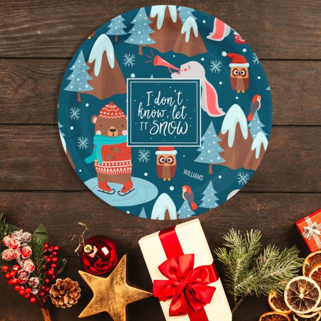 Let it Snow Cute Animal with Name Blue Christmas Paper Plate (Creator Uploaded)