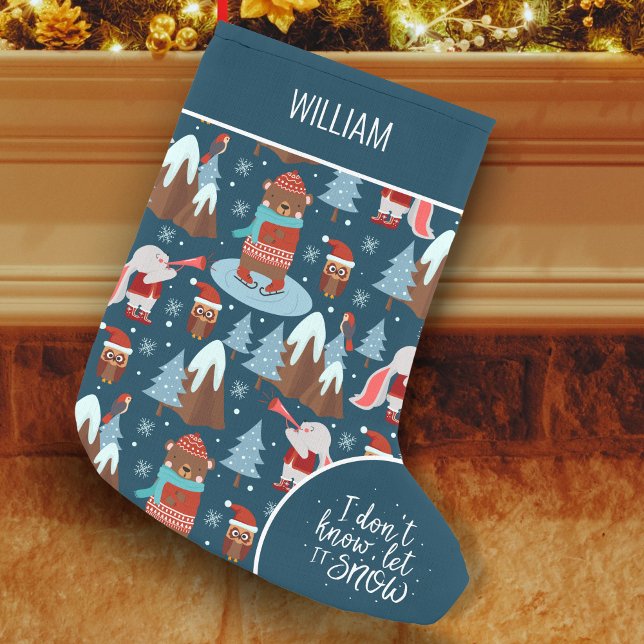 Let it Snow Cute Animal with Name Blue Holiday Small Christmas Stocking (Creator Uploaded)