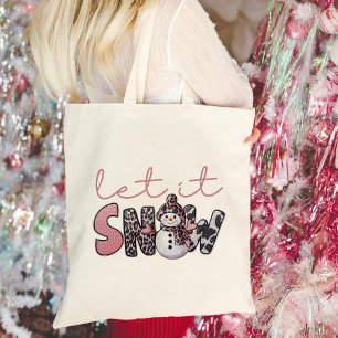 Let It Snow Cute Pink Snowman Christmas Tote Bag