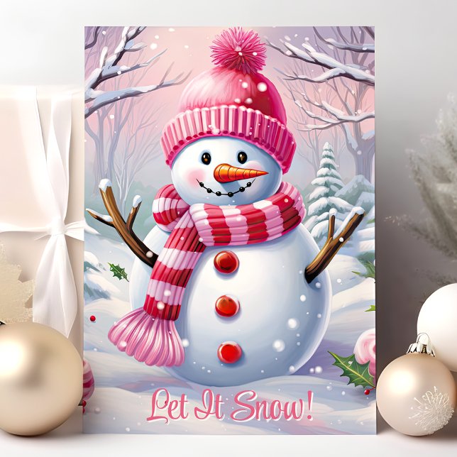 Let It Snow Cute Pink Snowman Holiday Card (Creator Uploaded)