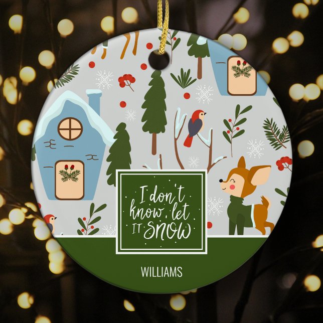 Let it Snow Cute Reindeer Name Green Christmas Ceramic Tree Decoration (Creator Uploaded)