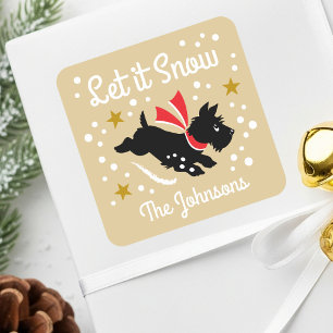 Let it Snow Cute Scottie Dog Christmas Name Gold Square Sticker