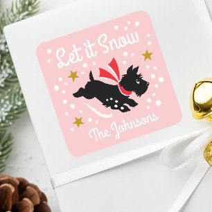 Let it Snow Cute Scottie Dog Christmas Name Pink Square Sticker