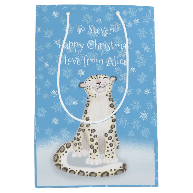 'Let it snow' cute snow leopard Christmas gift bag (Front)