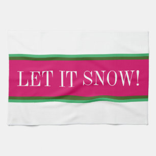 LET IT SNOW Fun Bright Pink Green White Stripes Tea Towel