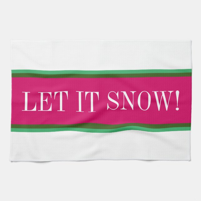 LET IT SNOW Fun Bright Pink Green White Stripes Tea Towel (Horizontal)