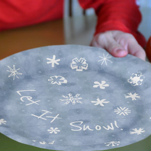 Let It Snow Fun Snowflakes Blue Winter Holiday Paper Plate