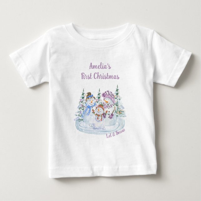 Let it Snow Happy Snowman Girl's First Christmas Baby T-Shirt (Front)