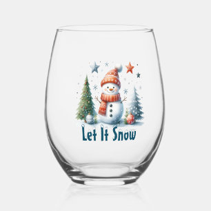 Let It Snow, Holiday Snowman  Stemless Wine Glass