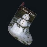 Let it Snow Jolly Snowman Snow Lady Seashell Large Christmas Stocking<br><div class="desc">Cute, jolly looking nature snowman snow lady with seashell and spruce branches hat, rocks for eyes, nose and buttons, twigs for happy smile and arms, dressed in spruce branches, with blurred trees in the background. Personalise front with Name. Let It Snow is written in white text on back side. Original...</div>